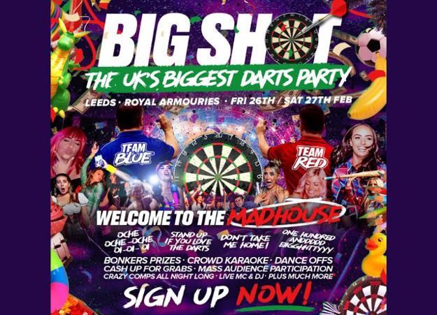 Big Shot Darts Poster for The UK's Biggest Darts Party - pictures of teams and sign up now text